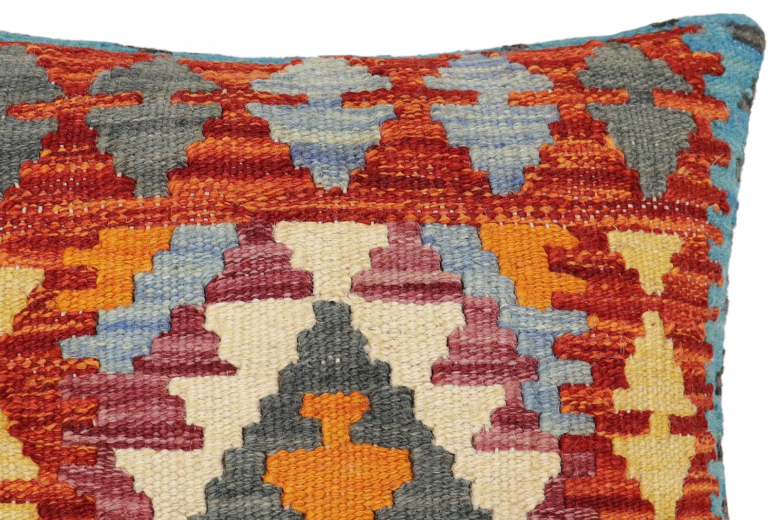 handmade Traditional Pillow Rust Blue Hand-Woven SQUARE 100% WOOL  Hand woven turkish pillow  2 x 2