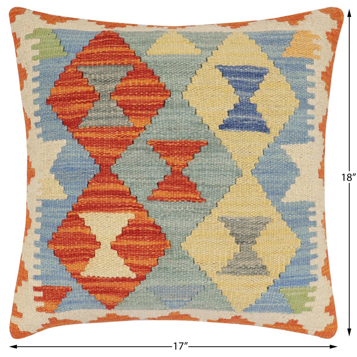 handmade Traditional Pillow Rust Blue Hand-Woven SQUARE 100% WOOL  Hand woven turkish pillow  2 x 2