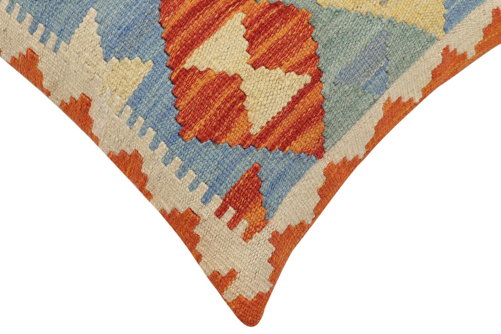 handmade Traditional Pillow Rust Blue Hand-Woven SQUARE 100% WOOL  Hand woven turkish pillow  2 x 2