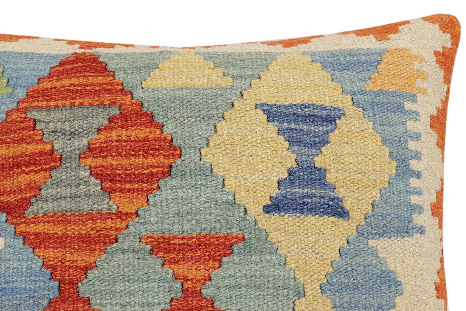 handmade Traditional Pillow Rust Blue Hand-Woven SQUARE 100% WOOL  Hand woven turkish pillow  2 x 2