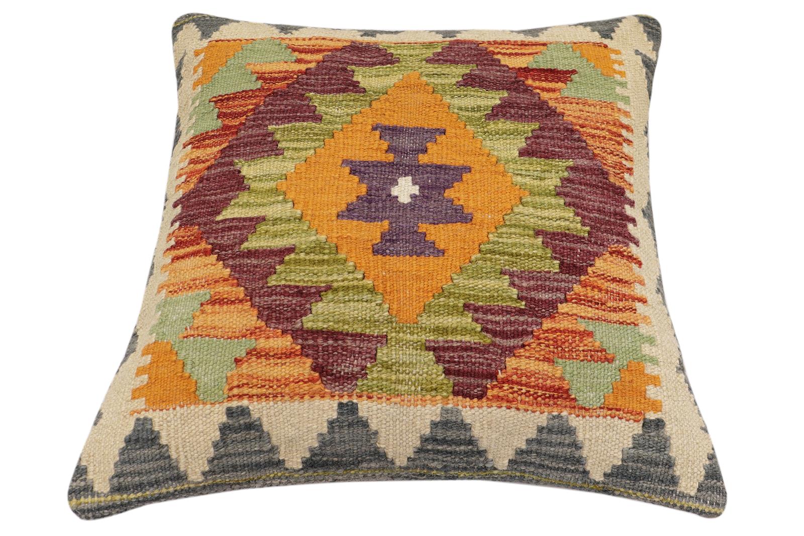 handmade Traditional Pillow Rust Gray Hand-Woven SQUARE 100% WOOL  Hand woven turkish pillow  2 x 2