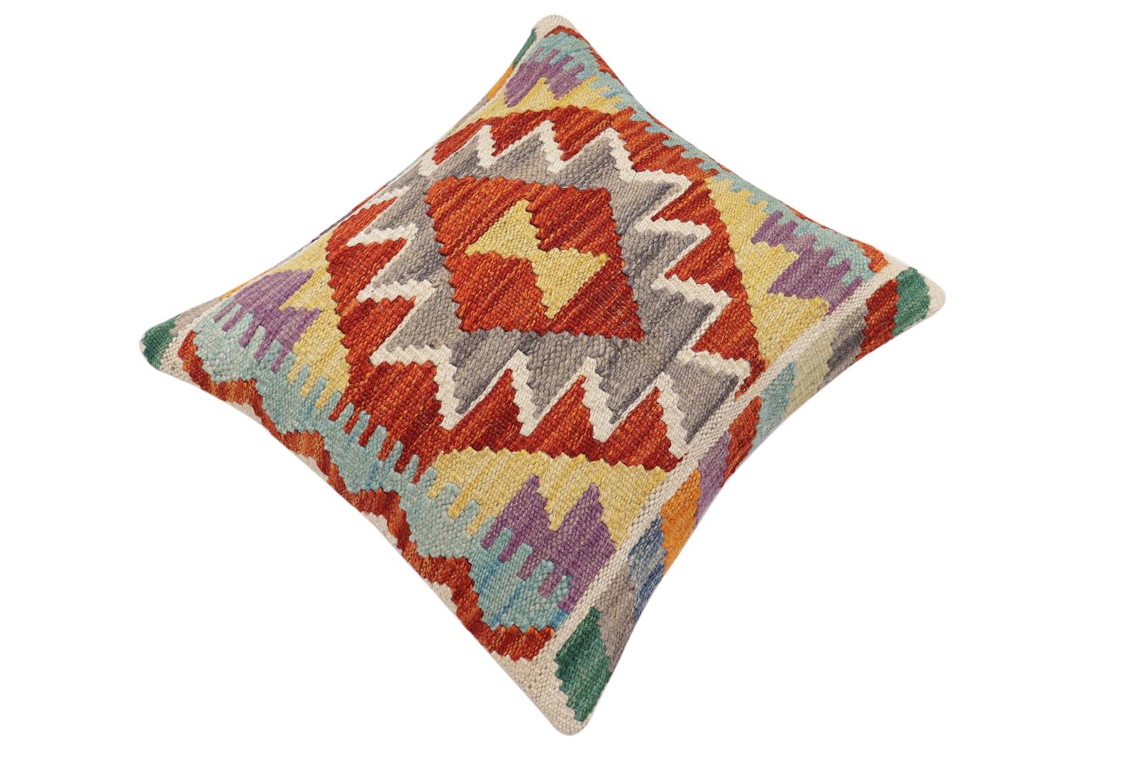 handmade Traditional Pillow Rust Blue Hand-Woven SQUARE 100% WOOL  Hand woven turkish pillow  2 x 2