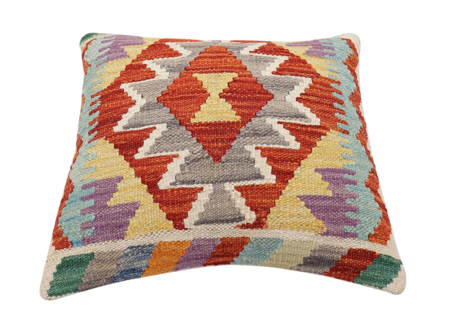 handmade Traditional Pillow Rust Blue Hand-Woven SQUARE 100% WOOL  Hand woven turkish pillow  2 x 2