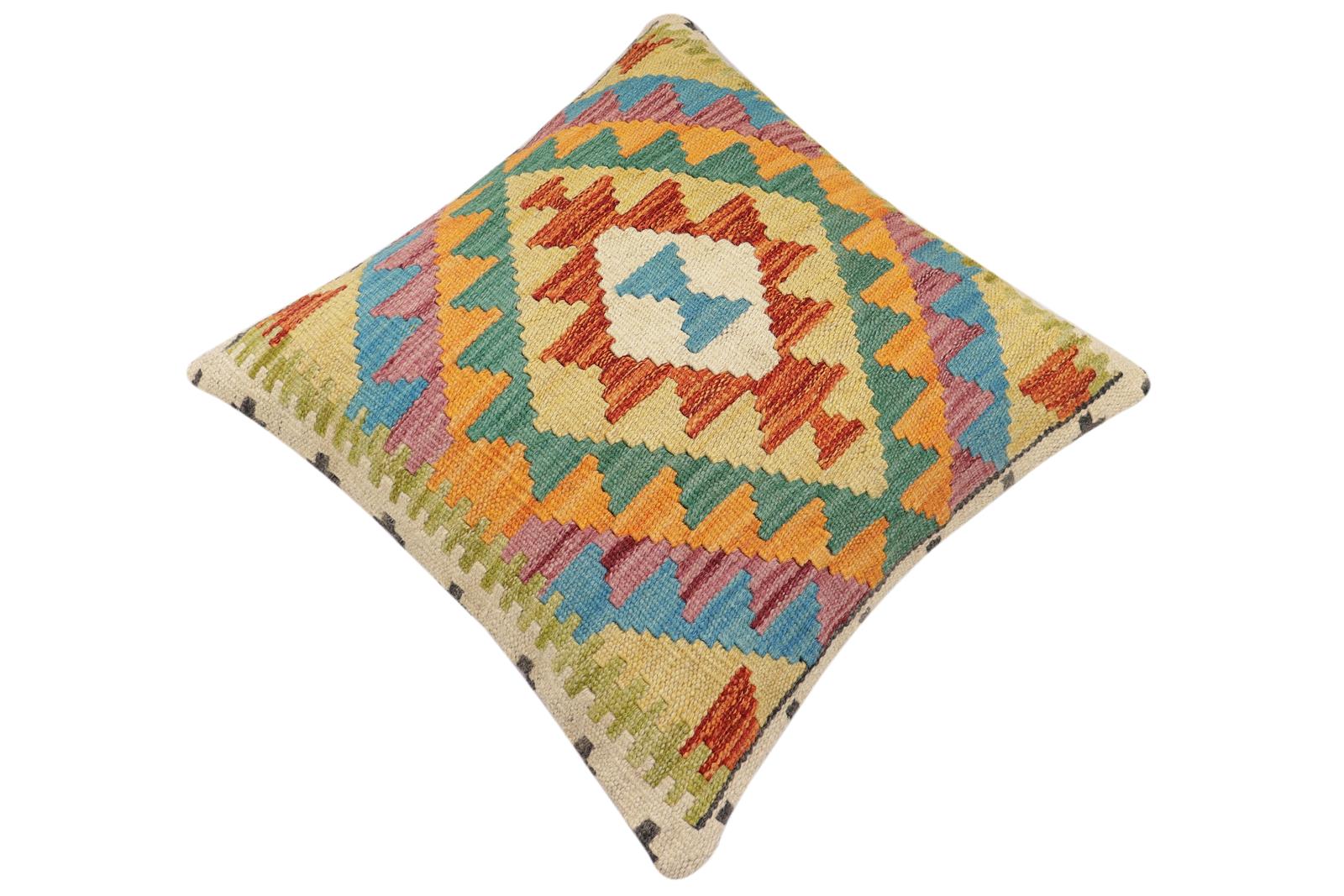 handmade Traditional Pillow Rust Blue Hand-Woven SQUARE 100% WOOL  Hand woven turkish pillow  2 x 2