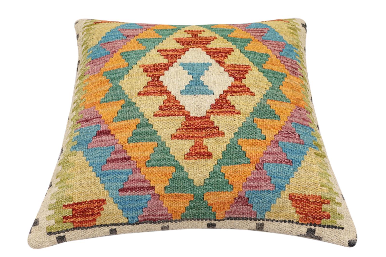 handmade Traditional Pillow Rust Blue Hand-Woven SQUARE 100% WOOL  Hand woven turkish pillow  2 x 2