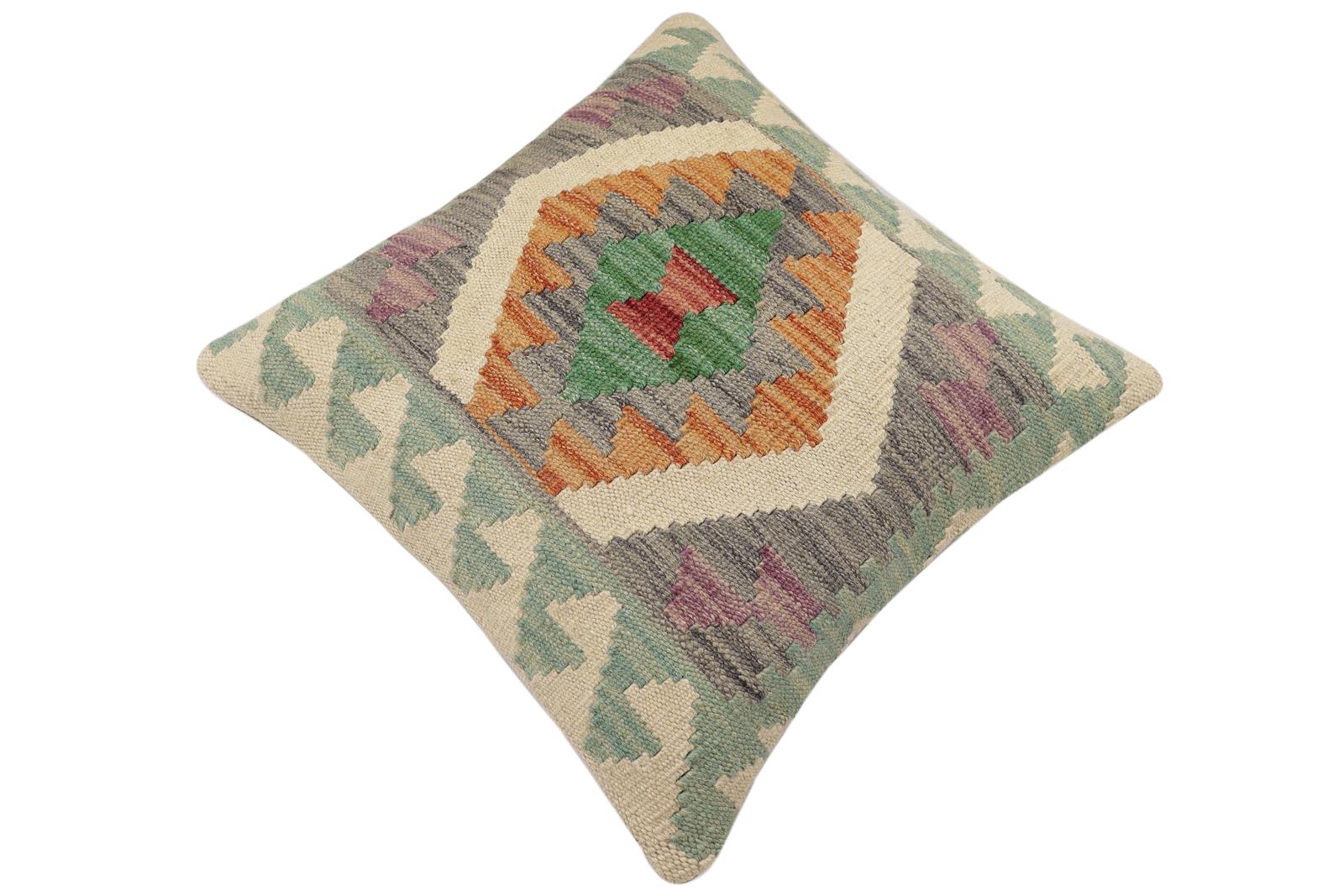 handmade Traditional Pillow Gray Rust Hand-Woven SQUARE 100% WOOL  Hand woven turkish pillow  2 x 2