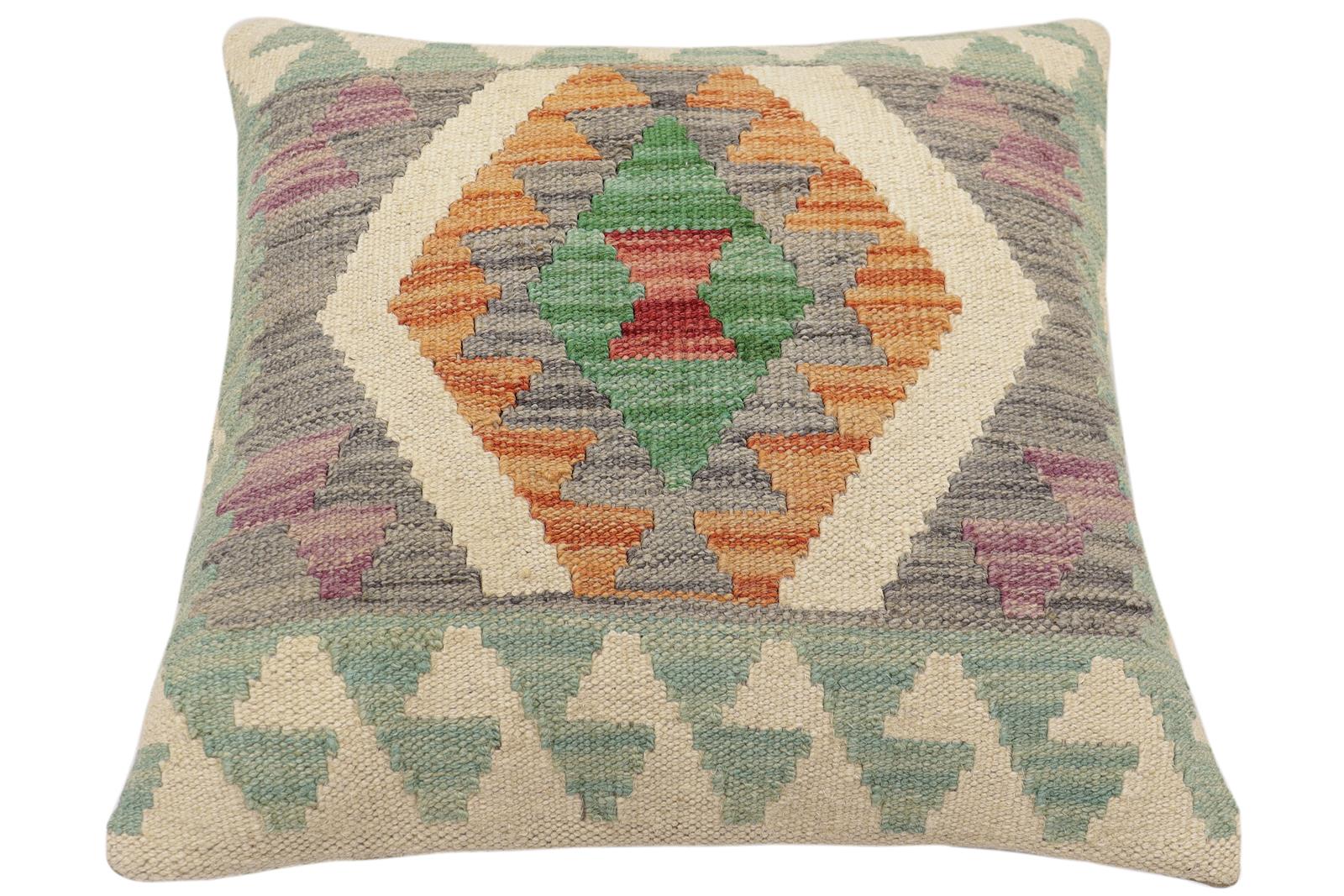 handmade Traditional Pillow Gray Rust Hand-Woven SQUARE 100% WOOL  Hand woven turkish pillow  2 x 2