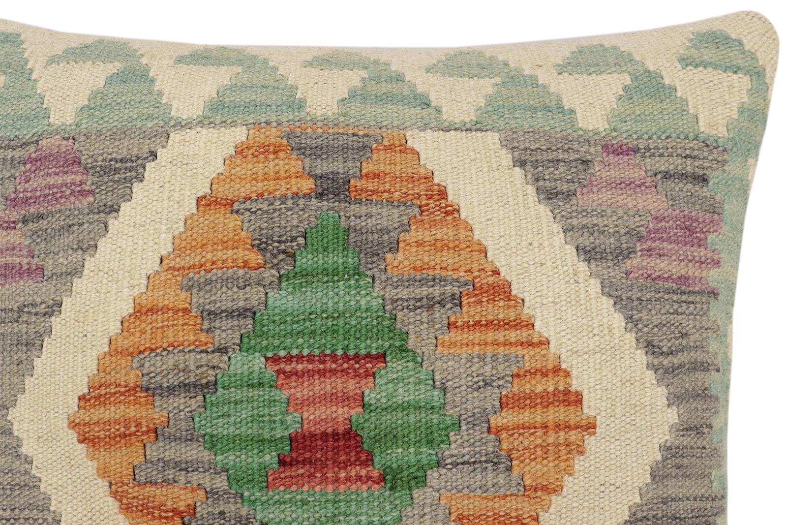 handmade Traditional Pillow Gray Rust Hand-Woven SQUARE 100% WOOL  Hand woven turkish pillow  2 x 2