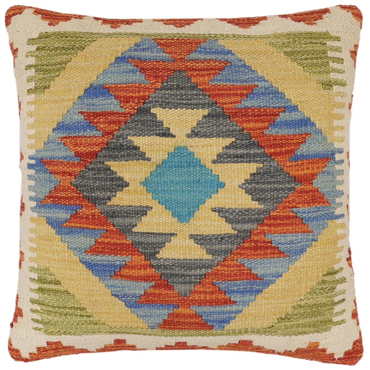 handmade Traditional Pillow Rust Blue Hand-Woven SQUARE 100% WOOL  Hand woven turkish pillow  2 x 2