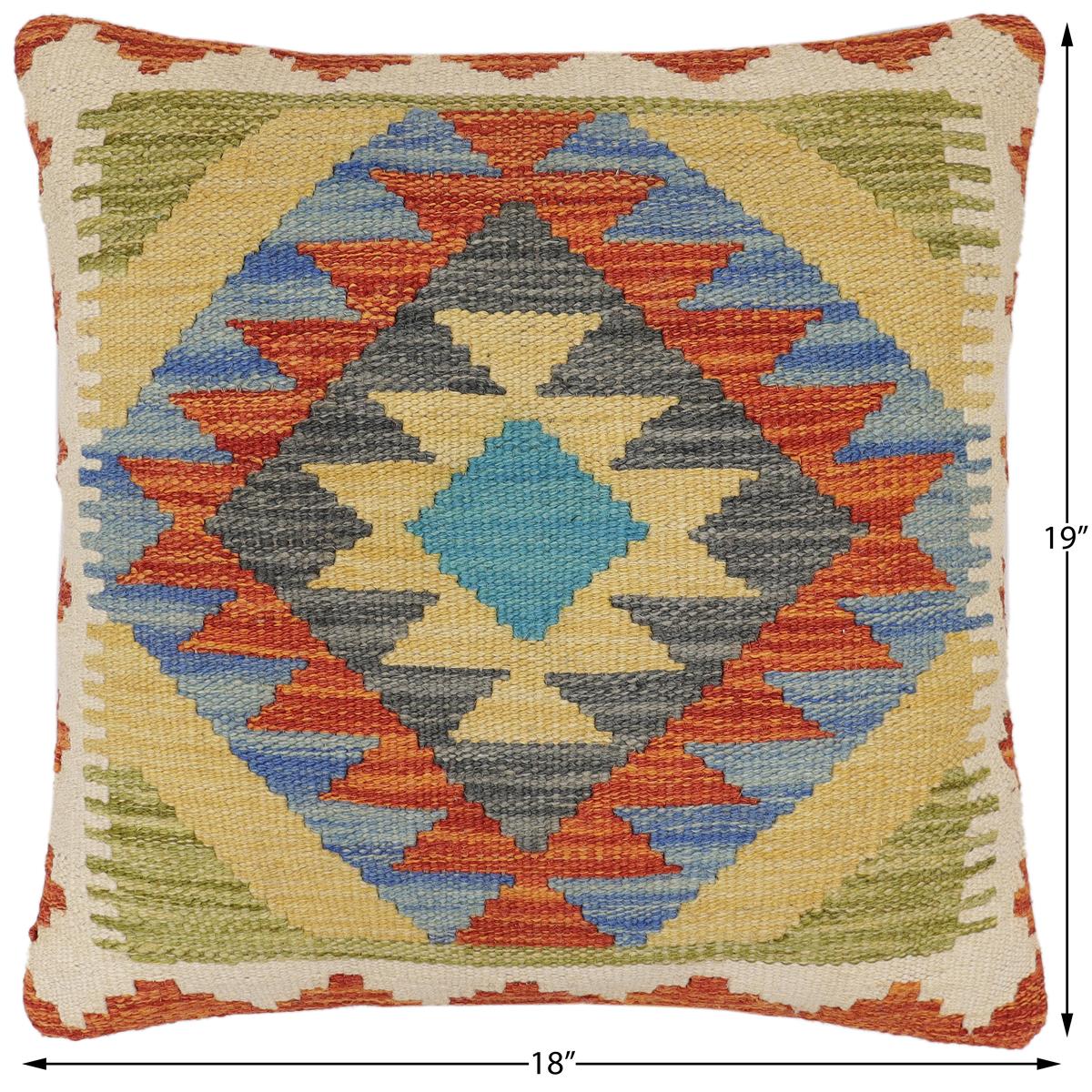 handmade Traditional Pillow Rust Blue Hand-Woven SQUARE 100% WOOL  Hand woven turkish pillow  2 x 2