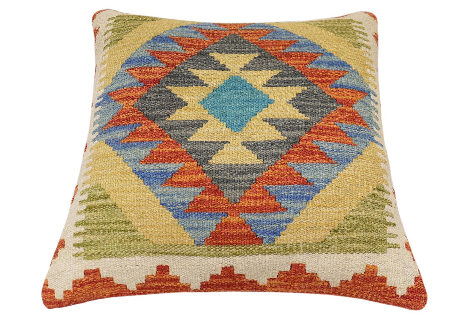 handmade Traditional Pillow Rust Blue Hand-Woven SQUARE 100% WOOL  Hand woven turkish pillow  2 x 2