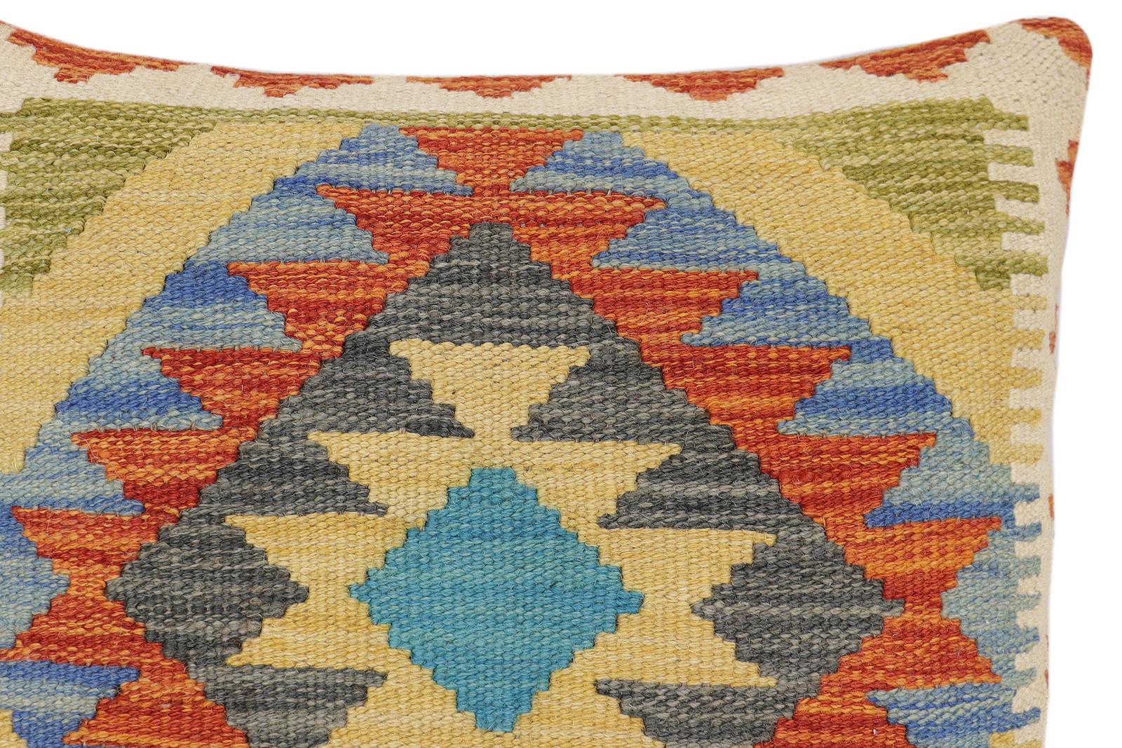handmade Traditional Pillow Rust Blue Hand-Woven SQUARE 100% WOOL  Hand woven turkish pillow  2 x 2