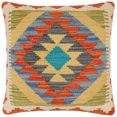 handmade Traditional Pillow Rust Blue Hand-Woven SQUARE 100% WOOL  Hand woven turkish pillow  2 x 2