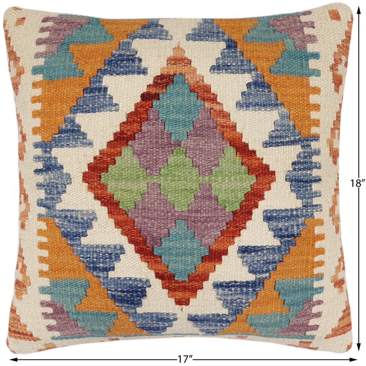 handmade Traditional Pillow Rust Blue Hand-Woven SQUARE 100% WOOL  Hand woven turkish pillow  2 x 2