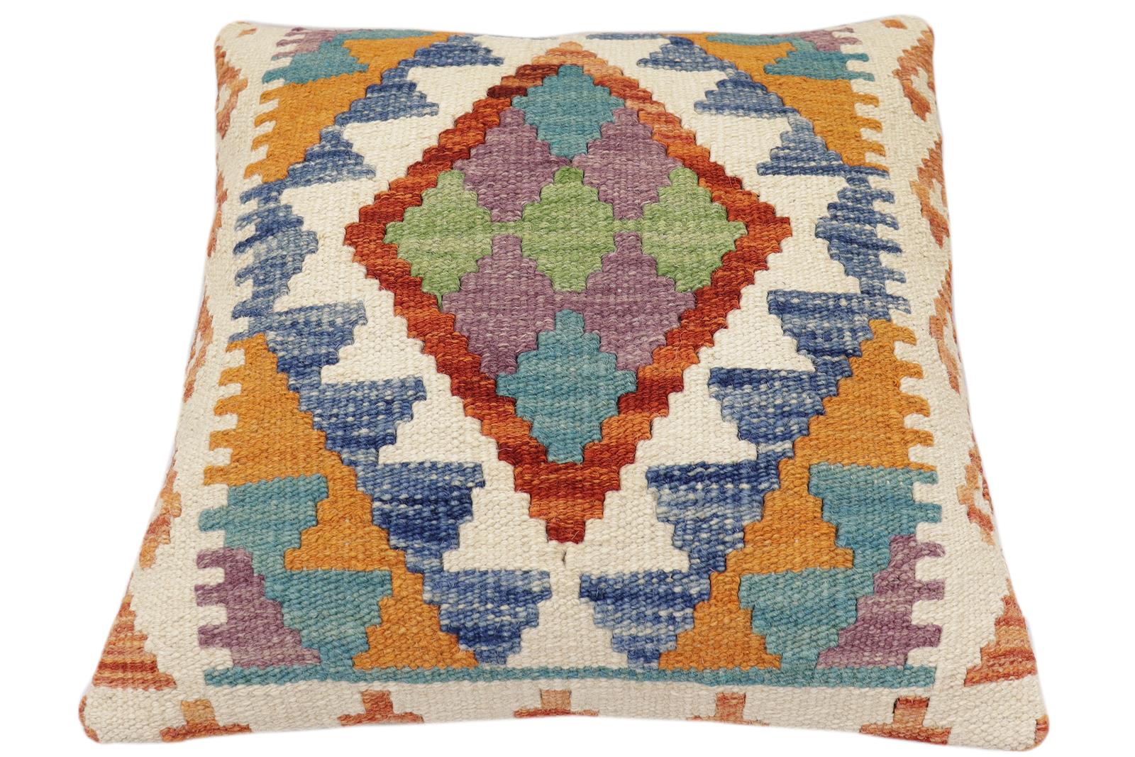 handmade Traditional Pillow Rust Blue Hand-Woven SQUARE 100% WOOL  Hand woven turkish pillow  2 x 2
