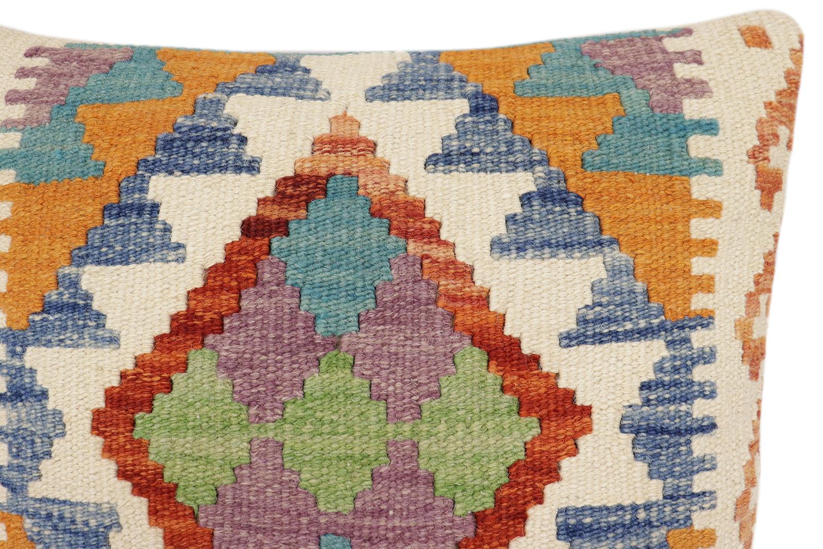 handmade Traditional Pillow Rust Blue Hand-Woven SQUARE 100% WOOL  Hand woven turkish pillow  2 x 2