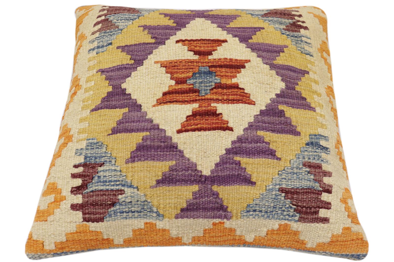 handmade Traditional Pillow Rust Blue Hand-Woven SQUARE 100% WOOL  Hand woven turkish pillow  2 x 2