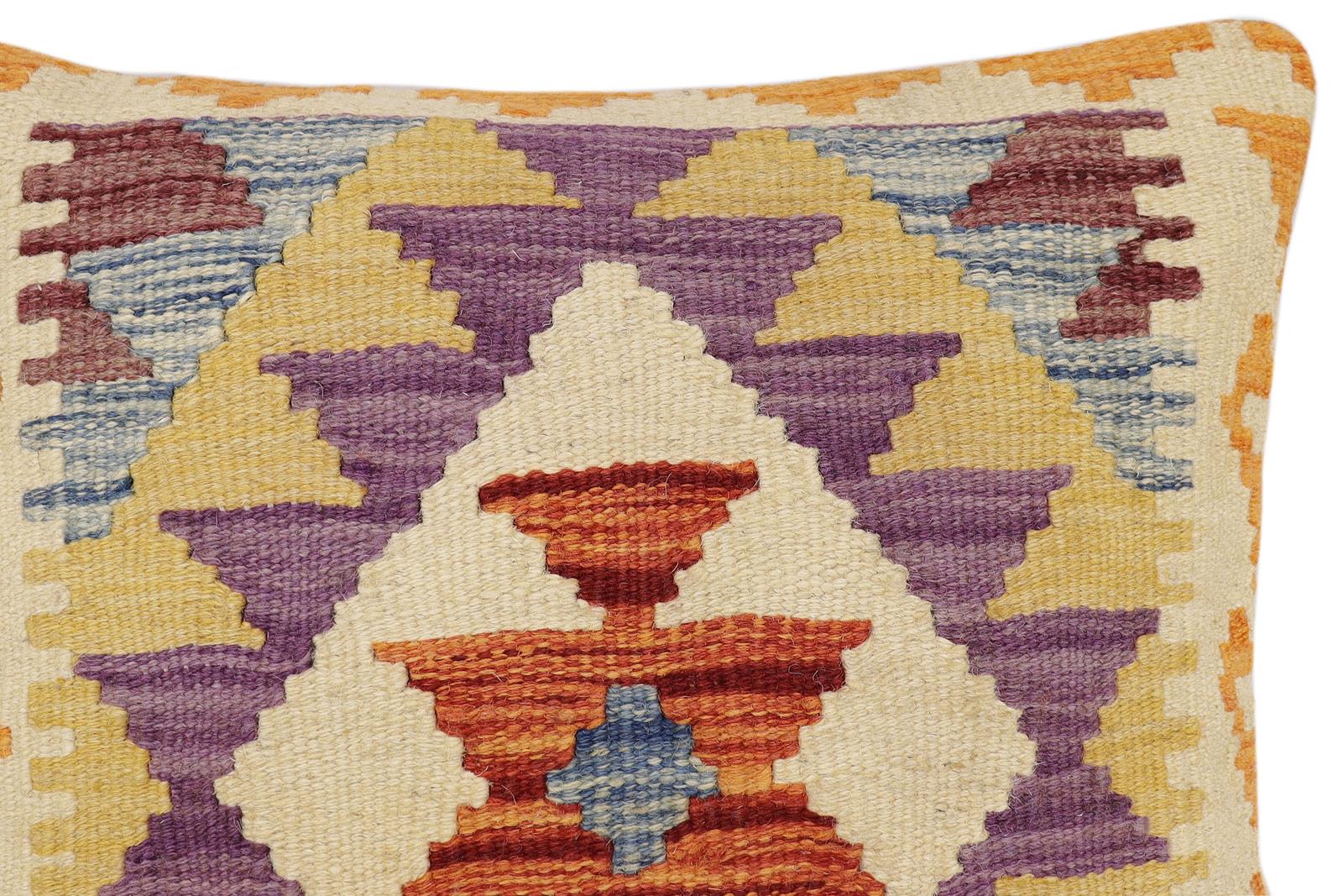 handmade Traditional Pillow Rust Blue Hand-Woven SQUARE 100% WOOL  Hand woven turkish pillow  2 x 2