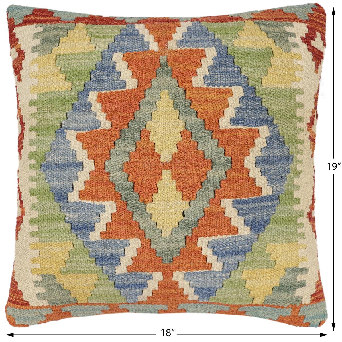 handmade Traditional Pillow Rust Blue Hand-Woven SQUARE 100% WOOL  Hand woven turkish pillow  2 x 2