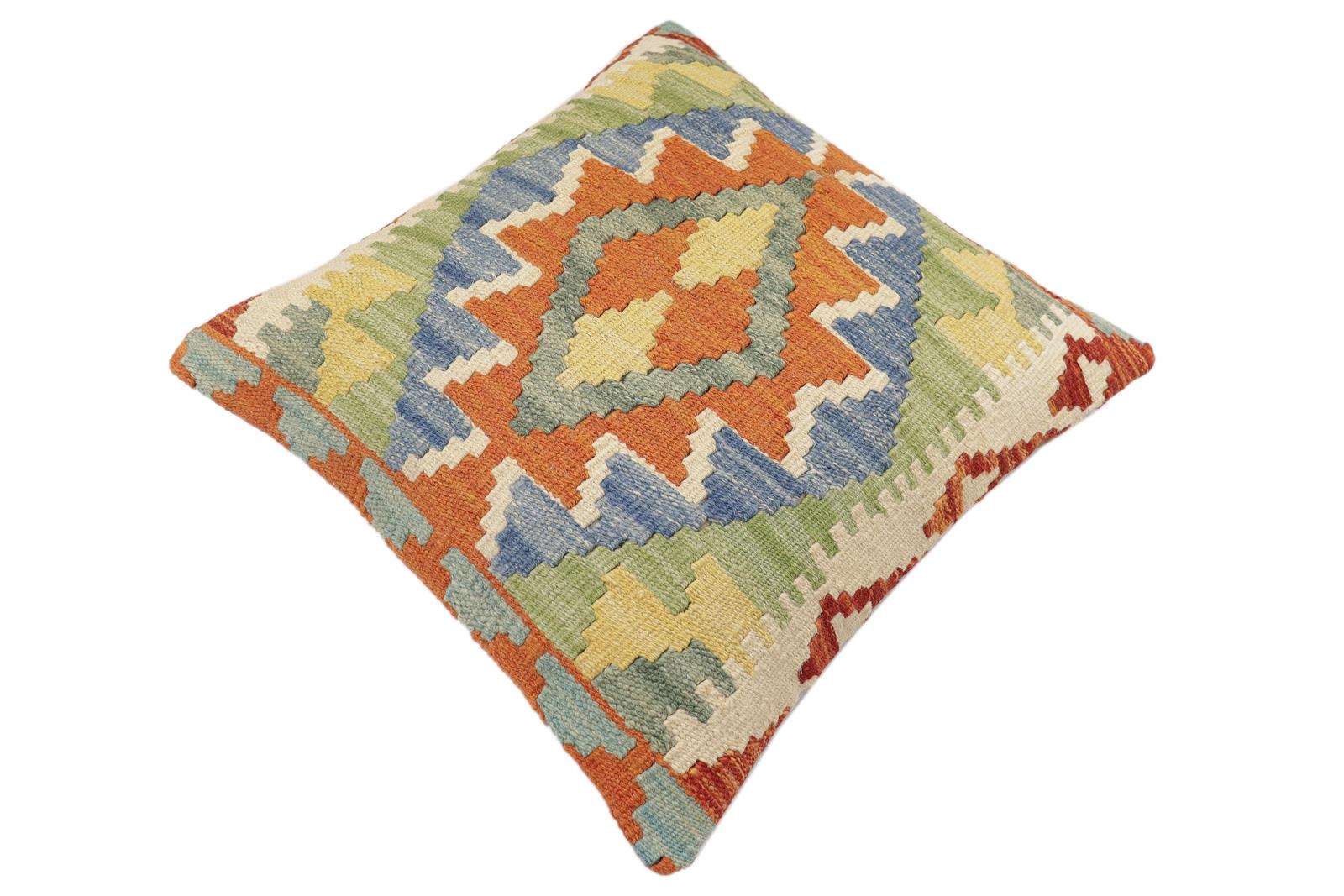 handmade Traditional Pillow Rust Blue Hand-Woven SQUARE 100% WOOL  Hand woven turkish pillow  2 x 2