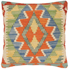 handmade Traditional Pillow Rust Blue Hand-Woven SQUARE 100% WOOL  Hand woven turkish pillow  2 x 2