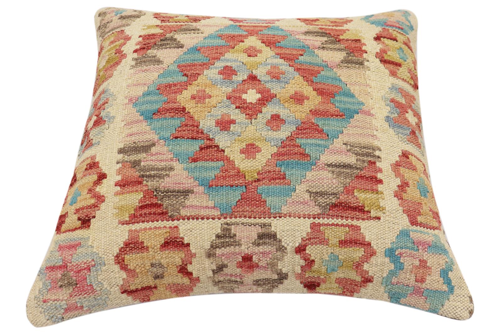 handmade Traditional Pillow Red Beige Hand-Woven SQUARE 100% WOOL  Hand woven turkish pillow  2 x 2