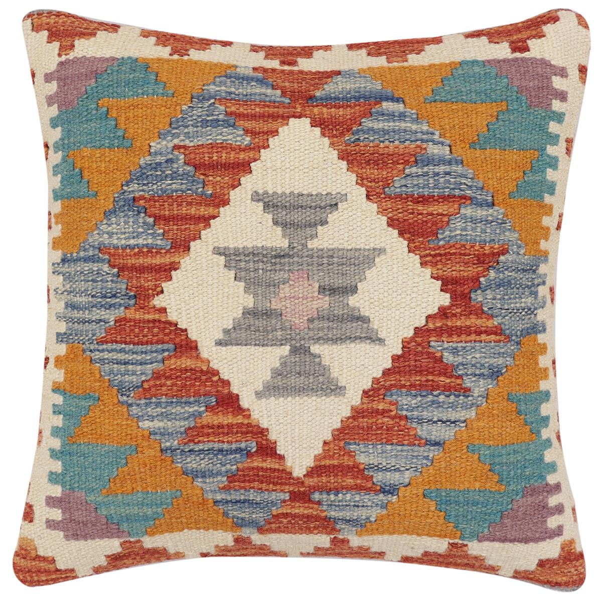 handmade Traditional Pillow Rust Blue Hand-Woven SQUARE 100% WOOL  Hand woven turkish pillow  2 x 2