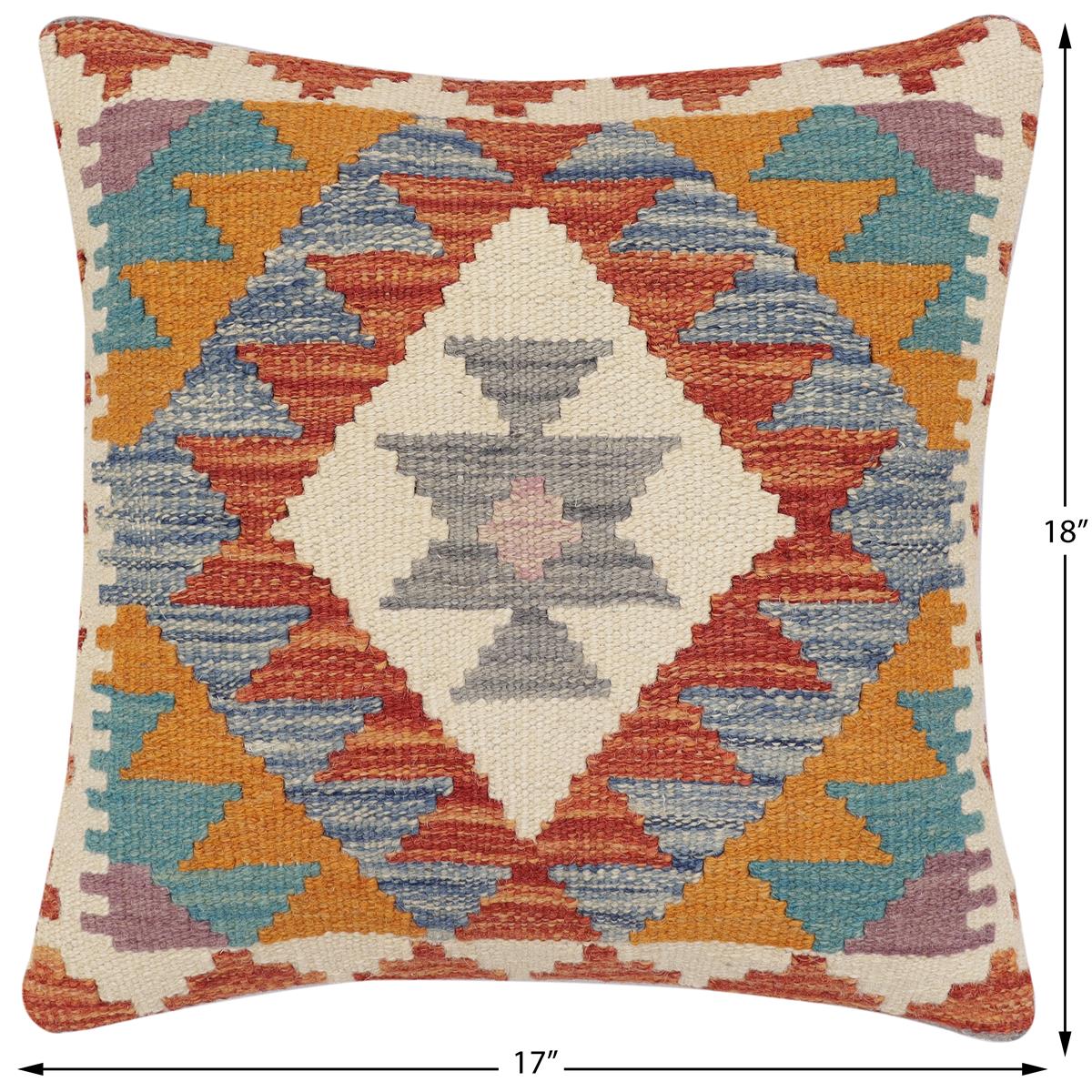 handmade Traditional Pillow Rust Blue Hand-Woven SQUARE 100% WOOL  Hand woven turkish pillow  2 x 2