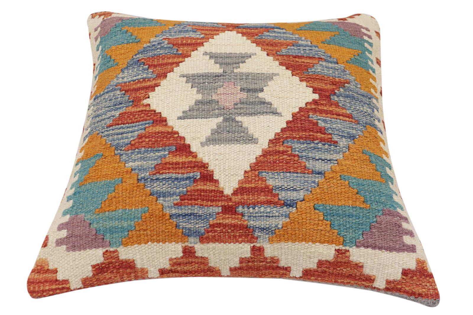 handmade Traditional Pillow Rust Blue Hand-Woven SQUARE 100% WOOL  Hand woven turkish pillow  2 x 2
