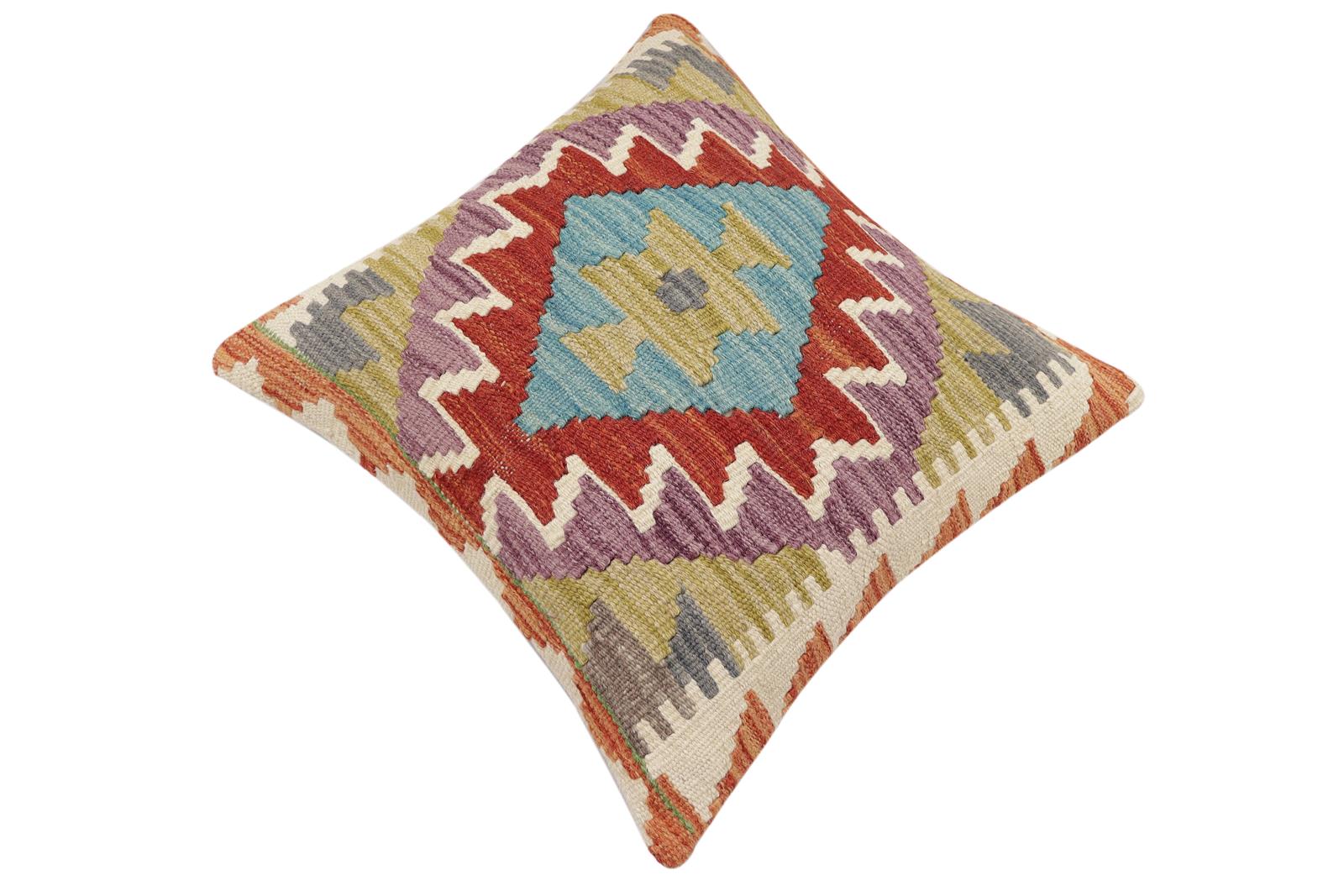 handmade Traditional Pillow Rust Blue Hand-Woven SQUARE 100% WOOL  Hand woven turkish pillow  2 x 2