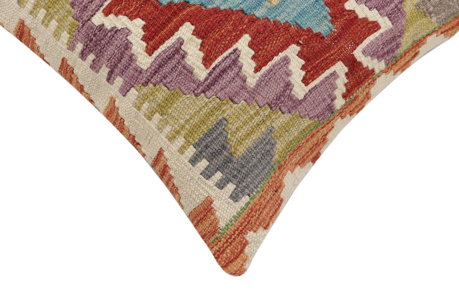 handmade Traditional Pillow Rust Blue Hand-Woven SQUARE 100% WOOL  Hand woven turkish pillow  2 x 2