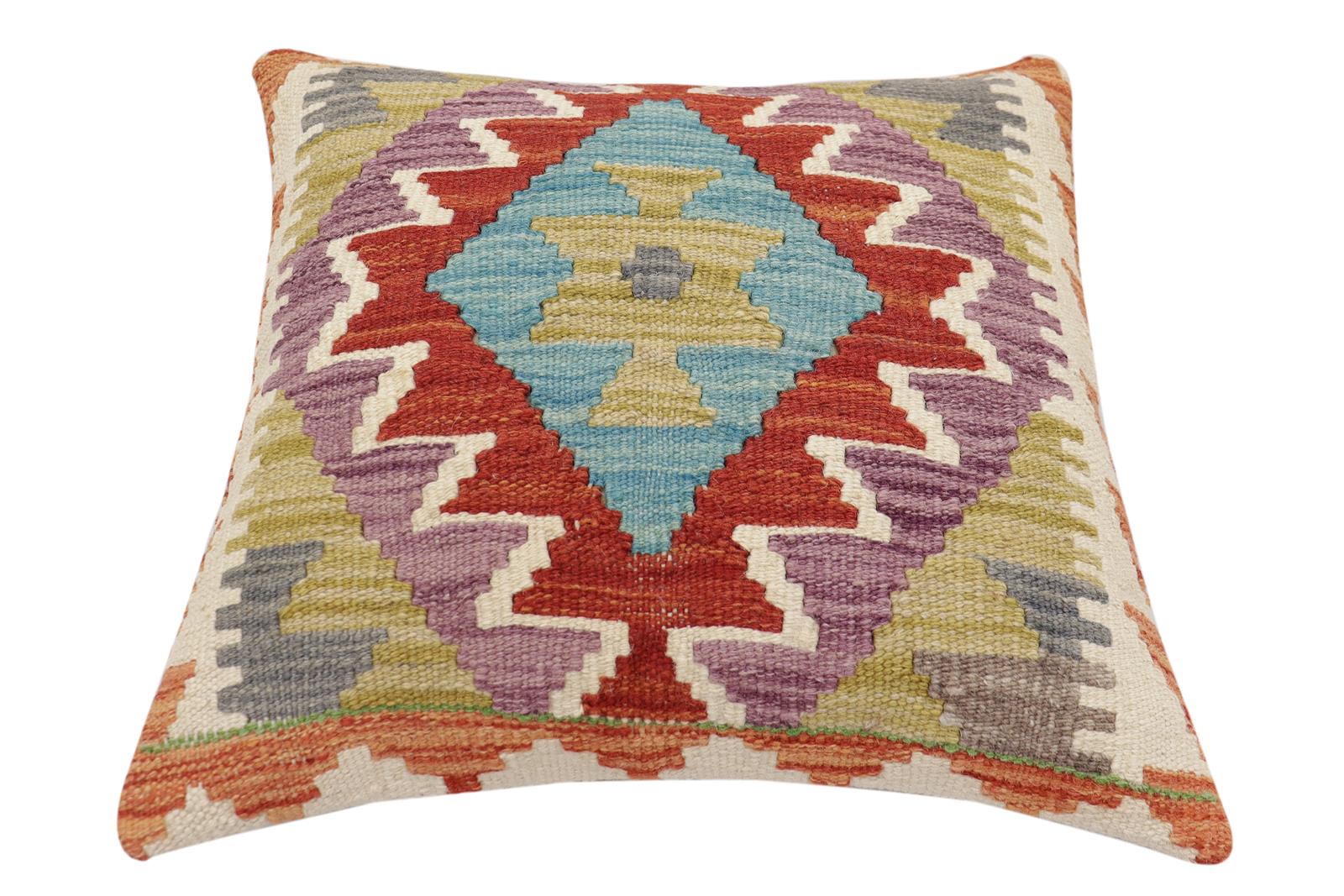 handmade Traditional Pillow Rust Blue Hand-Woven SQUARE 100% WOOL  Hand woven turkish pillow  2 x 2