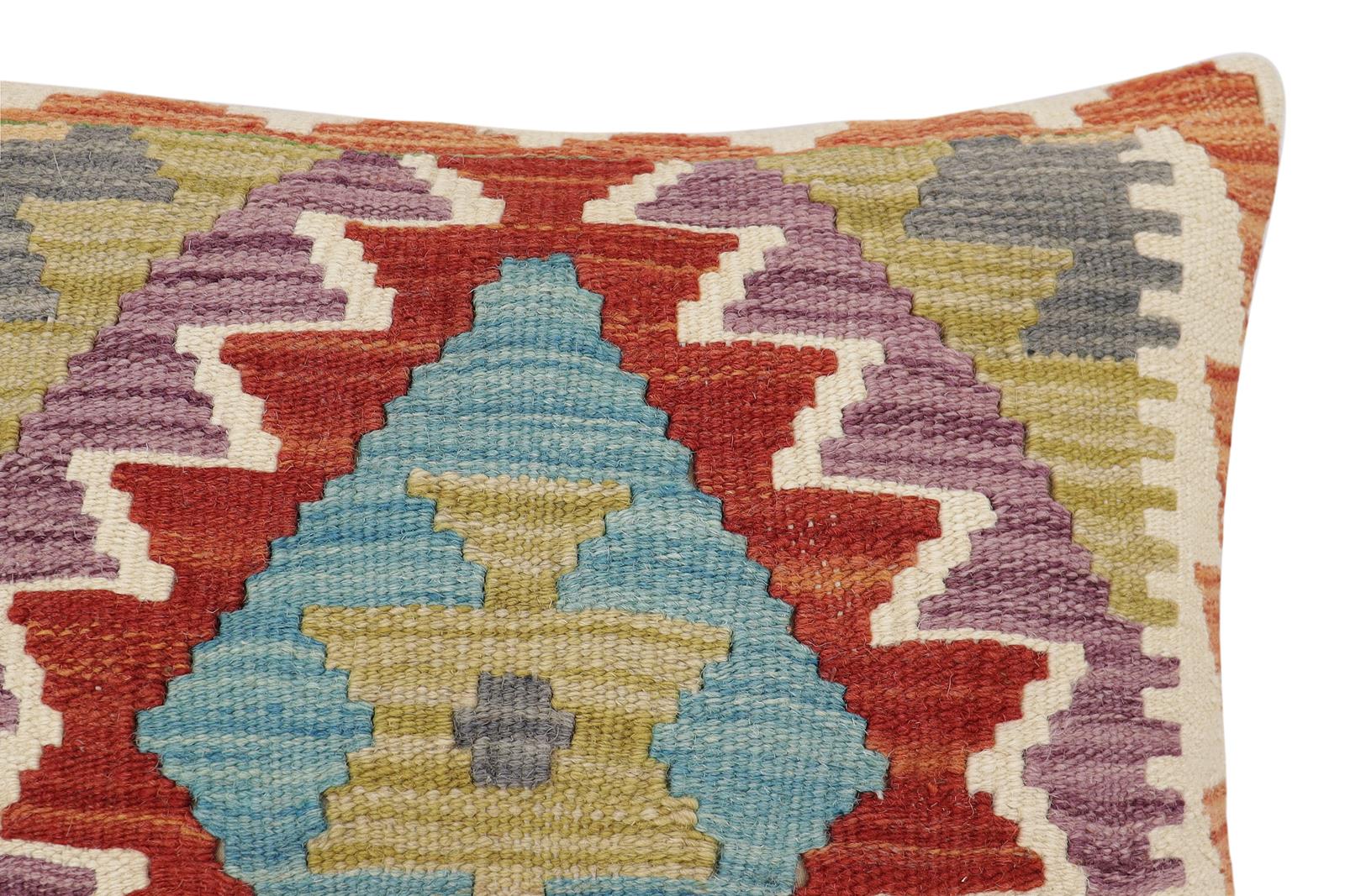 handmade Traditional Pillow Rust Blue Hand-Woven SQUARE 100% WOOL  Hand woven turkish pillow  2 x 2