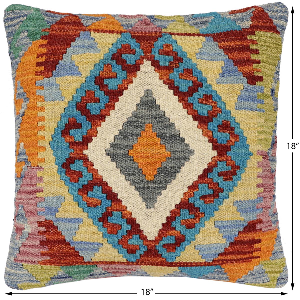 handmade Traditional Pillow Rust Blue Hand-Woven SQUARE 100% WOOL Hand woven turkish pillow2' x 2'