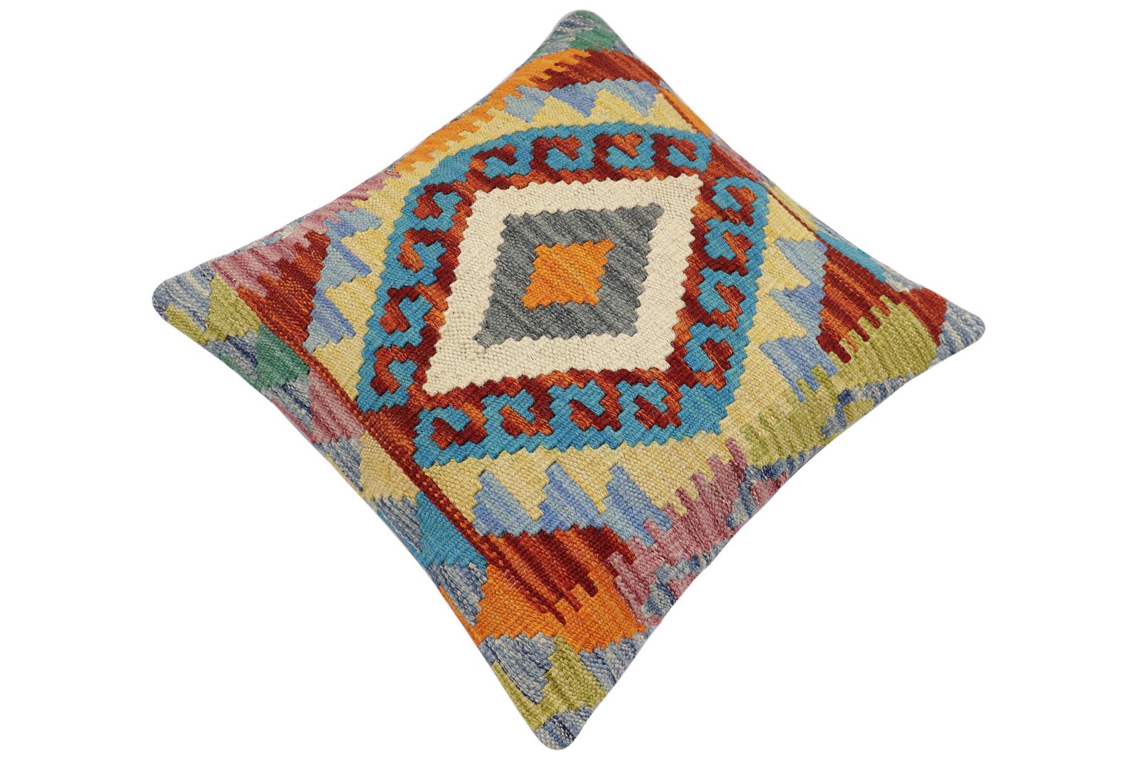 handmade Traditional Pillow Rust Blue Hand-Woven SQUARE 100% WOOL Hand woven turkish pillow2' x 2'