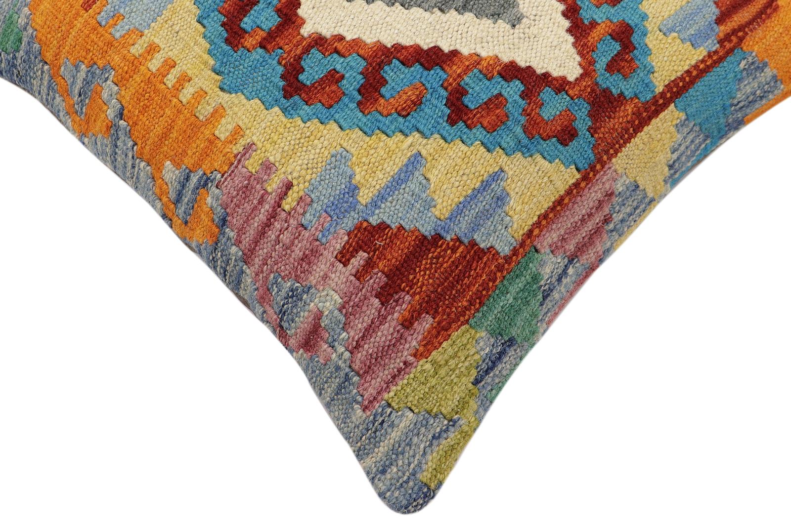 handmade Traditional Pillow Rust Blue Hand-Woven SQUARE 100% WOOL Hand woven turkish pillow2' x 2'