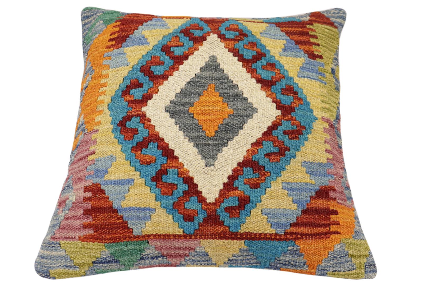 handmade Traditional Pillow Rust Blue Hand-Woven SQUARE 100% WOOL Hand woven turkish pillow2' x 2'