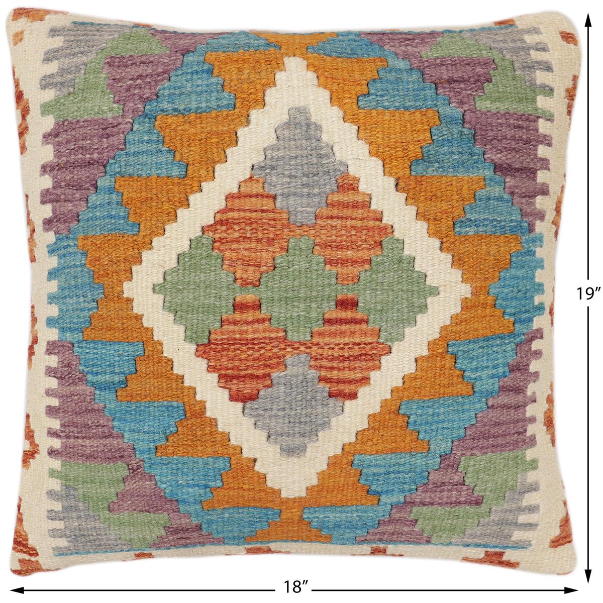 handmade Traditional Pillow Rust Blue Hand-Woven SQUARE 100% WOOL  Hand woven turkish pillow  2 x 2