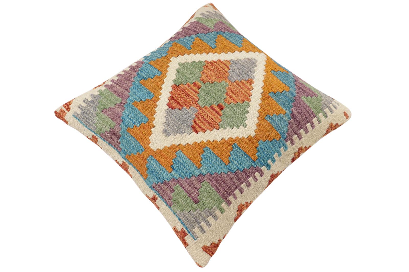 handmade Traditional Pillow Rust Blue Hand-Woven SQUARE 100% WOOL  Hand woven turkish pillow  2 x 2