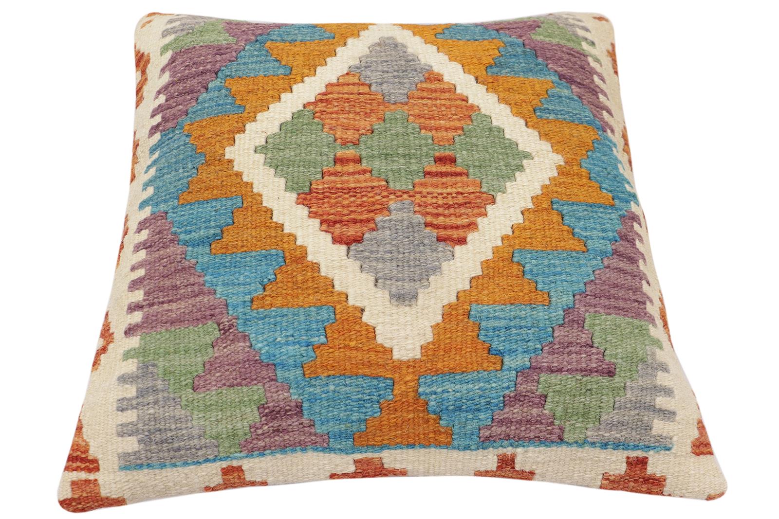 handmade Traditional Pillow Rust Blue Hand-Woven SQUARE 100% WOOL  Hand woven turkish pillow  2 x 2