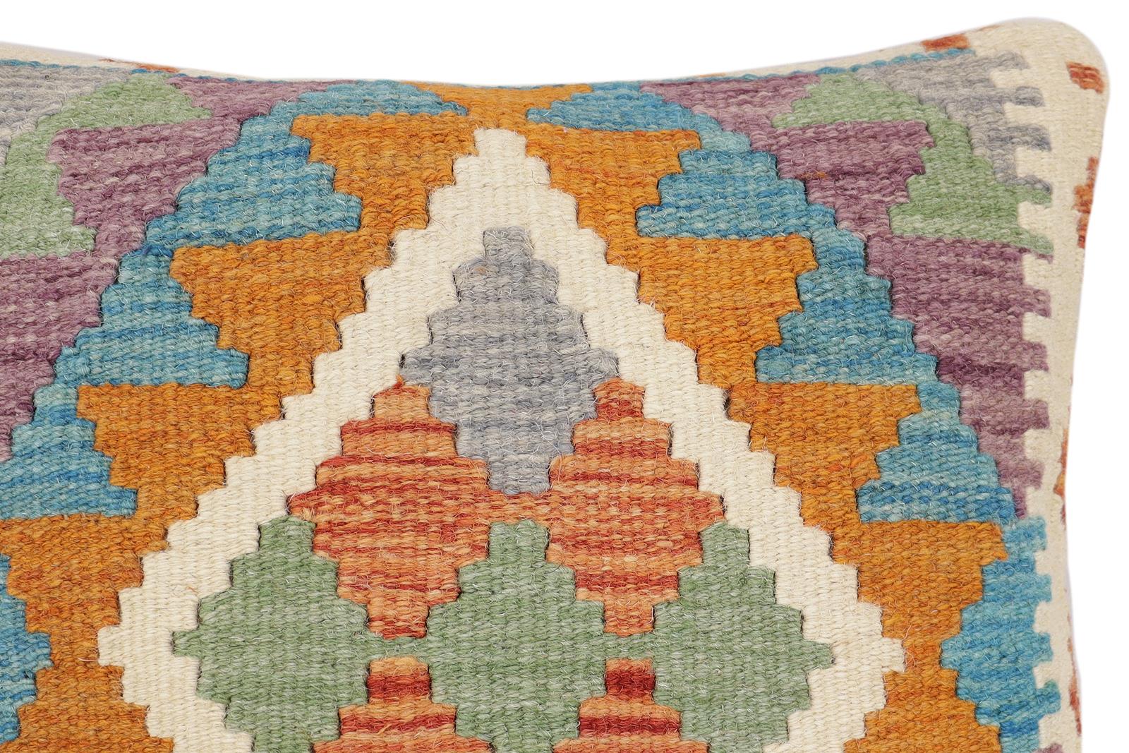 handmade Traditional Pillow Rust Blue Hand-Woven SQUARE 100% WOOL  Hand woven turkish pillow  2 x 2