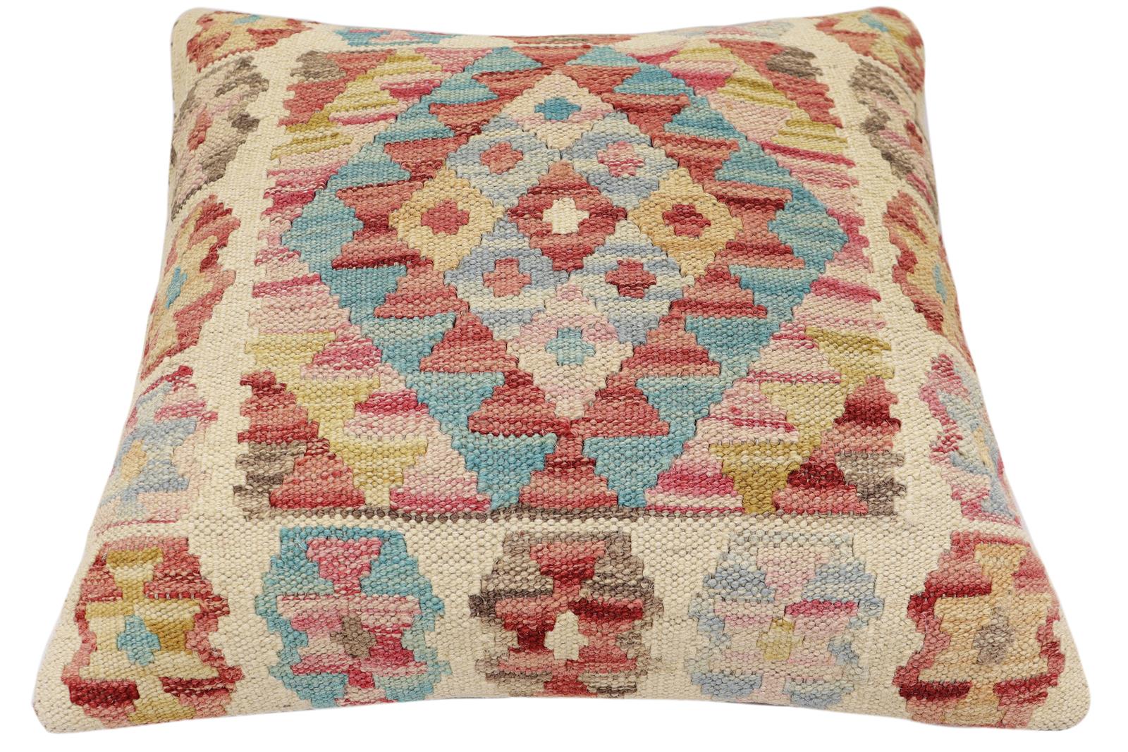 handmade Traditional Pillow Red Blue Hand-Woven SQUARE 100% WOOL  Hand woven turkish pillow  2 x 2
