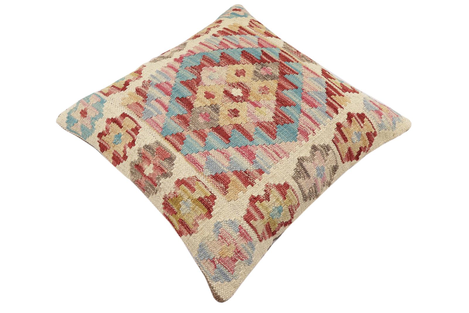 handmade Traditional Pillow Red Blue Hand-Woven SQUARE 100% WOOL  Hand woven turkish pillow  2 x 2