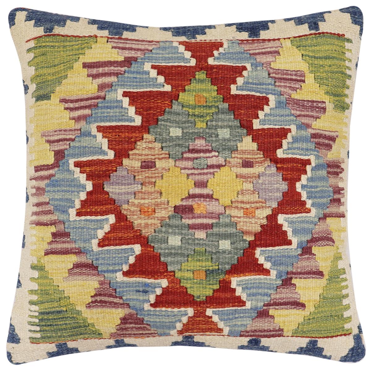 handmade Traditional Pillow Rust Blue Hand-Woven SQUARE 100% WOOL  Hand woven turkish pillow  2 x 2