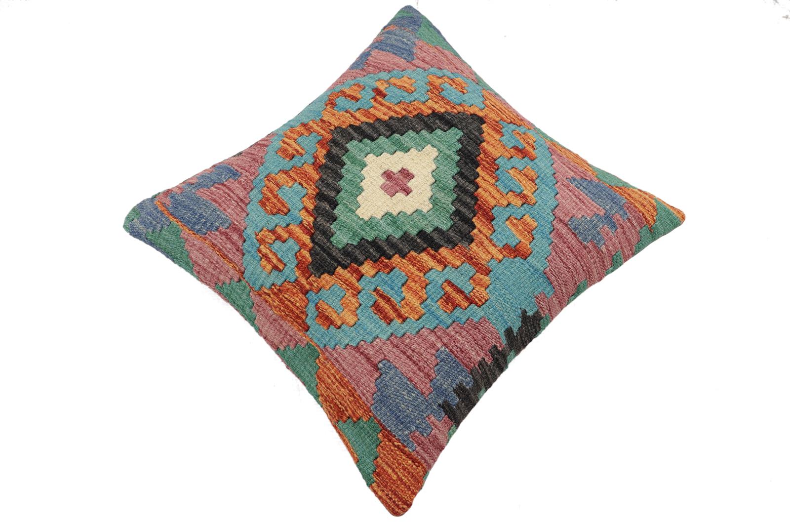 handmade Traditional Pillow Rust Blue Hand-Woven SQUARE 100% WOOL  Hand woven turkish pillow  2 x 2