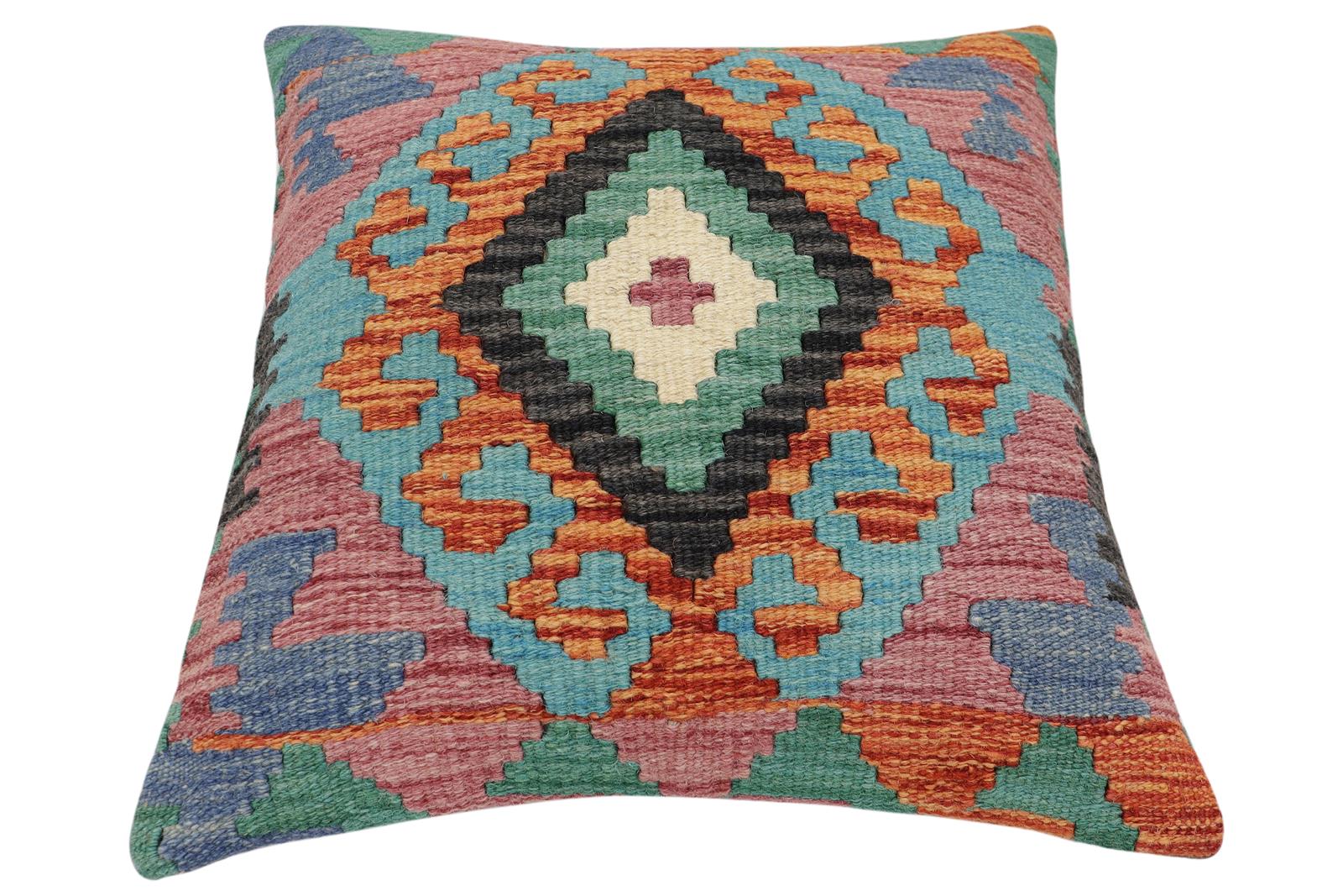 handmade Traditional Pillow Rust Blue Hand-Woven SQUARE 100% WOOL  Hand woven turkish pillow  2 x 2