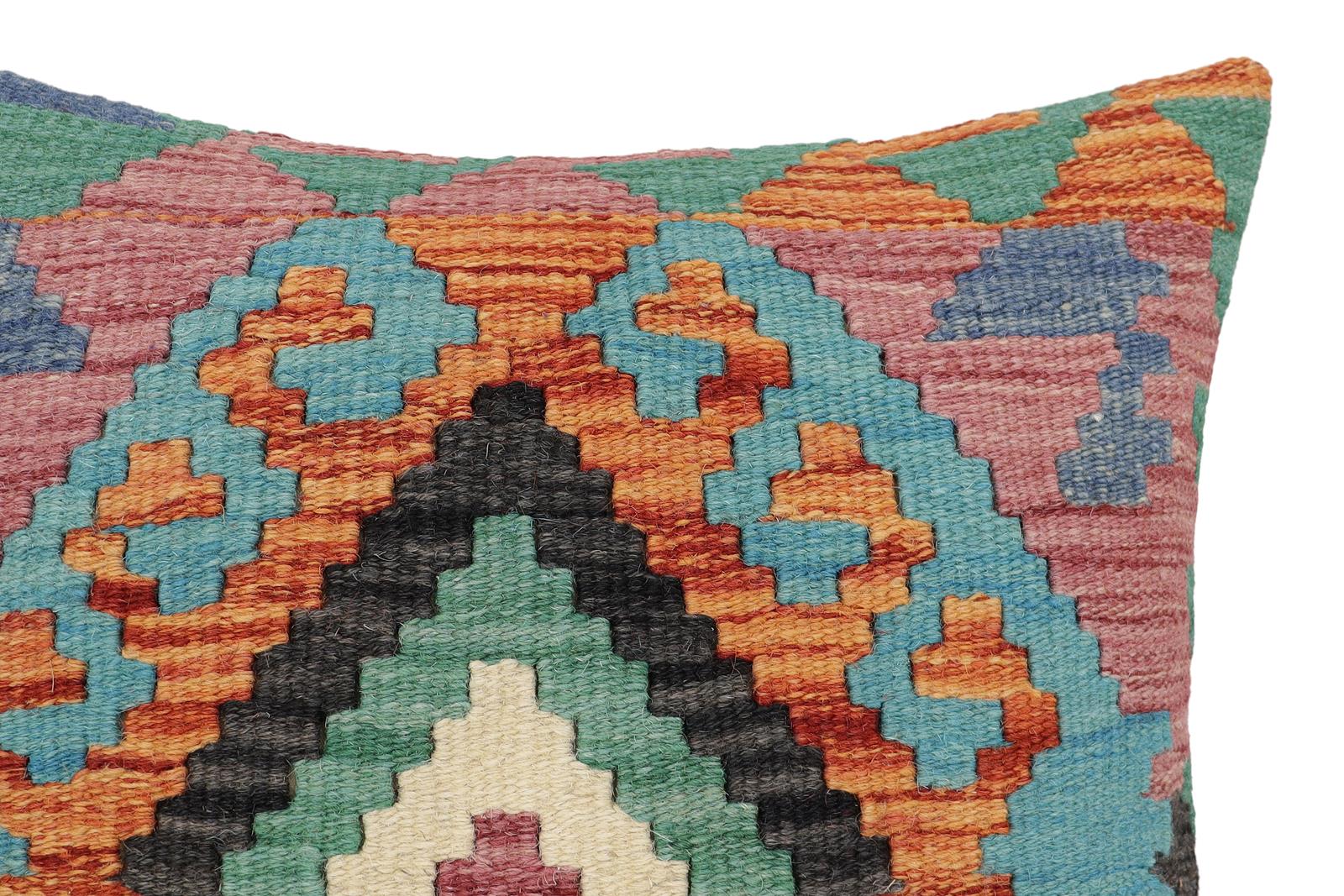 handmade Traditional Pillow Rust Blue Hand-Woven SQUARE 100% WOOL  Hand woven turkish pillow  2 x 2