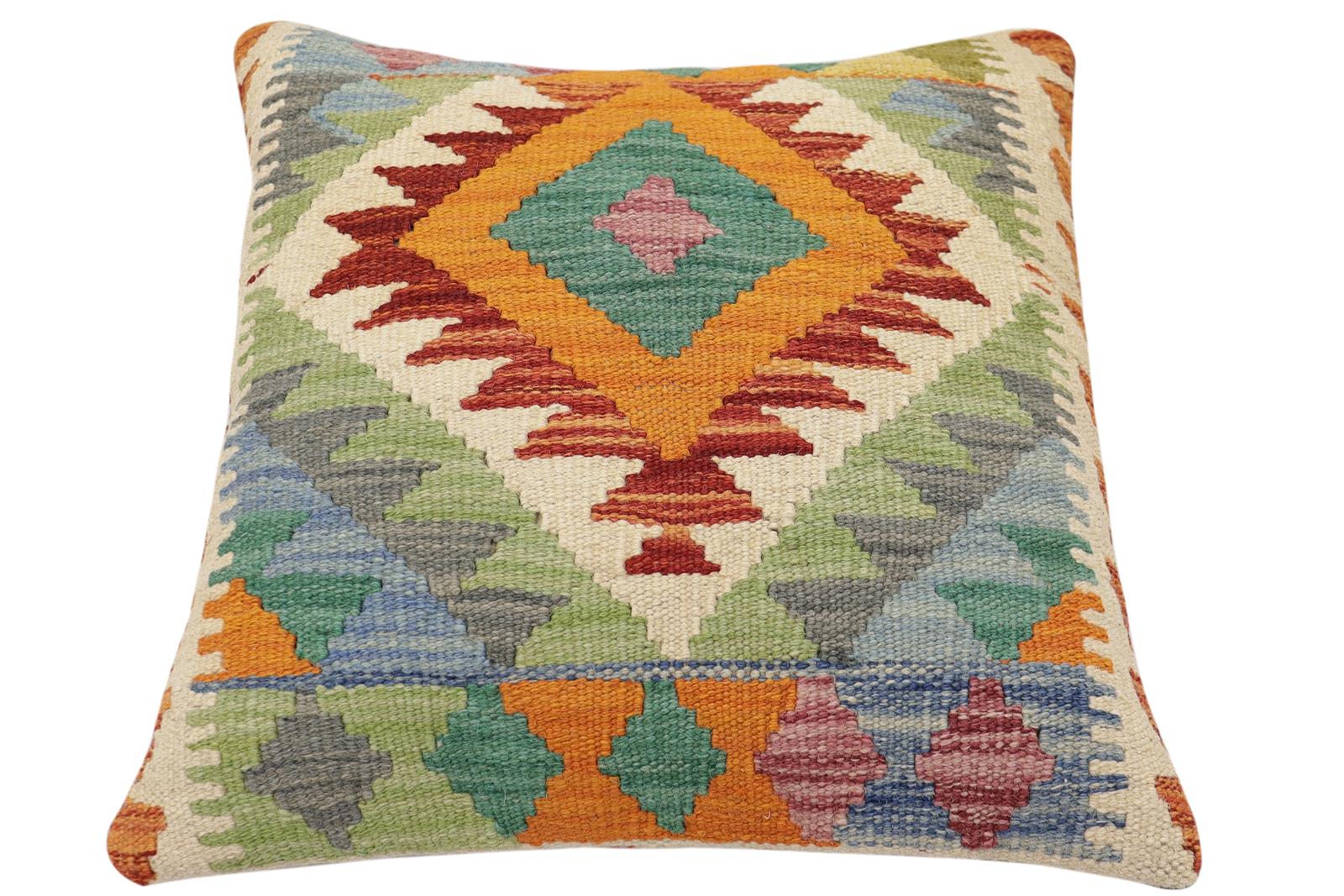 handmade Traditional Pillow Rust Blue Hand-Woven SQUARE 100% WOOL  Hand woven turkish pillow  2 x 2