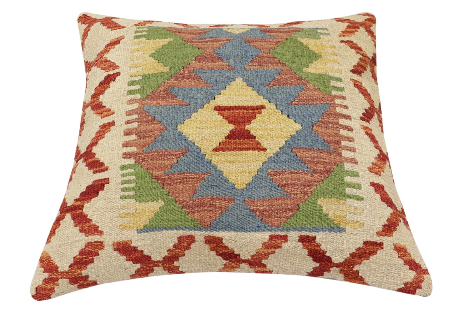 handmade Traditional Pillow Rust Blue Hand-made SQUARE 100% WOOL  Hand woven turkish pillow  2 x 2