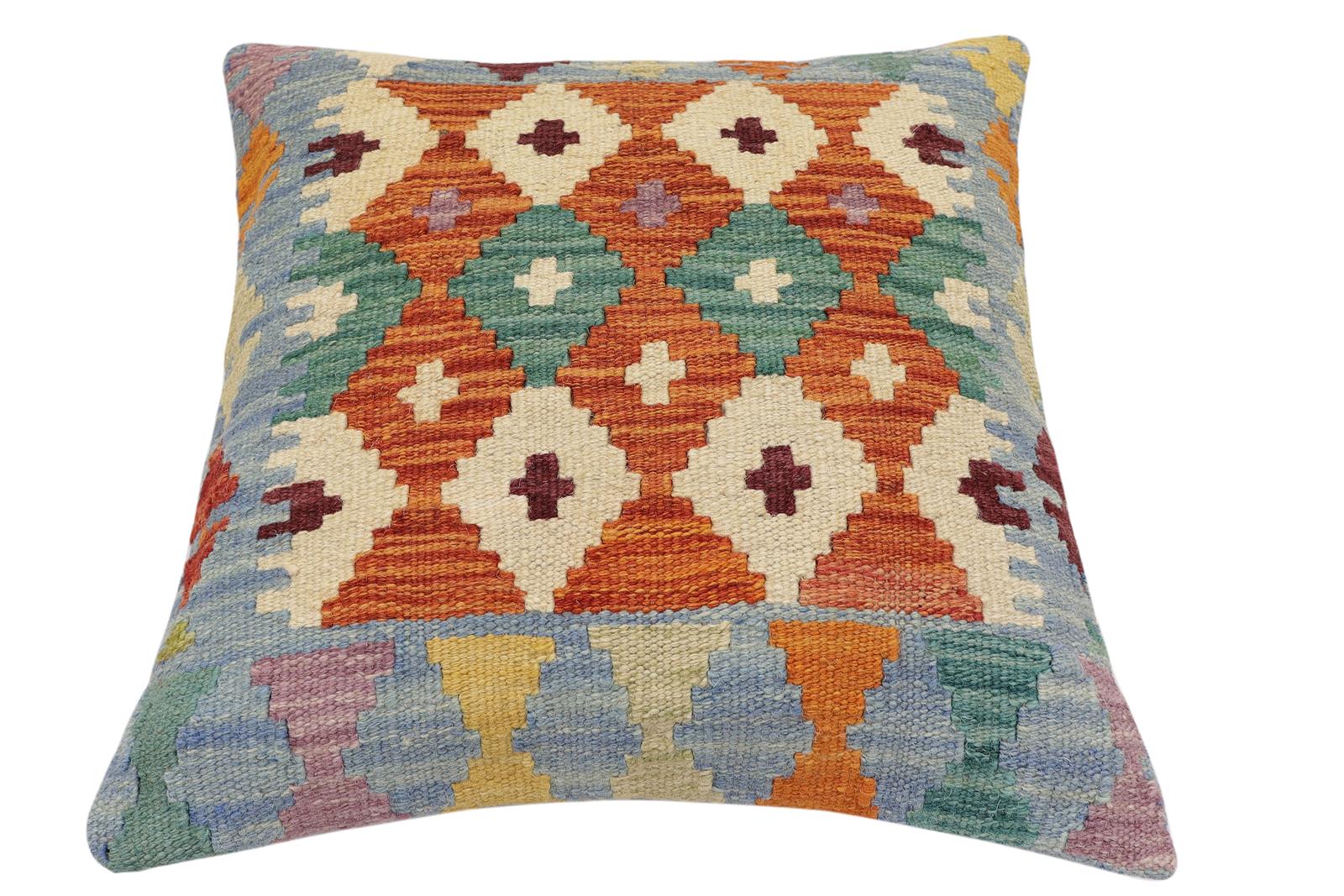 handmade Traditional Pillow Rust Blue Hand-made SQUARE 100% WOOL Hand woven turkish pillow2' x 2'